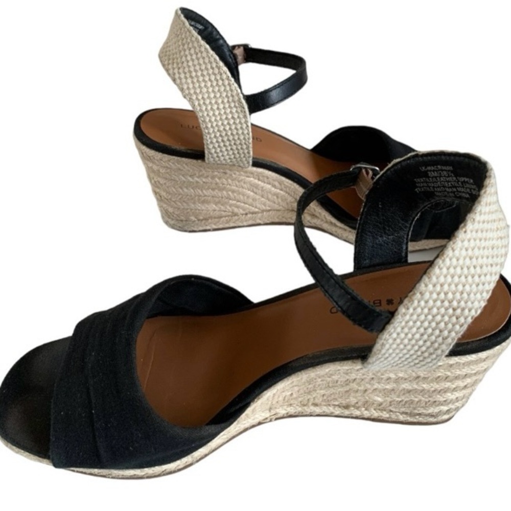 Lucky Brand Black and Cream Espadrille Wedges Sz 8
